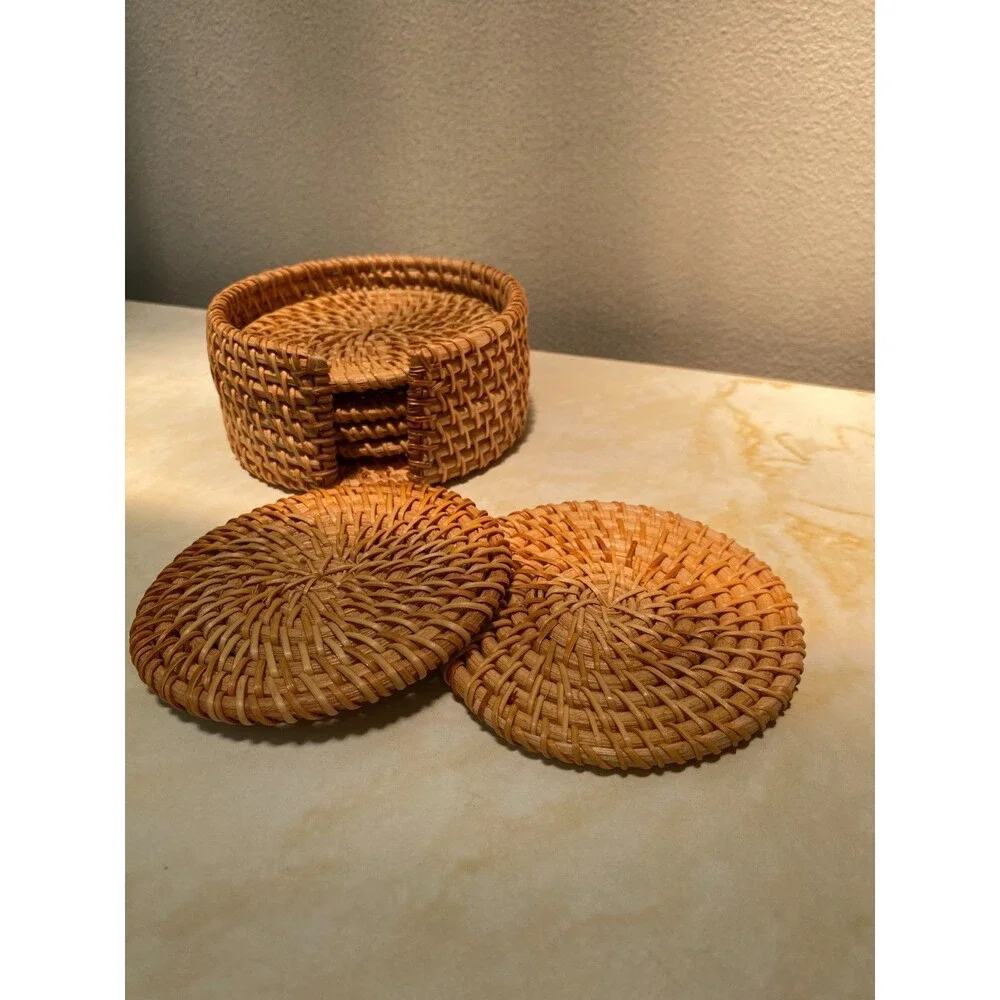 6pcs Vintage Rattan Drinks Tea Cup Mats Coasters Round Teapot Insulation Mat